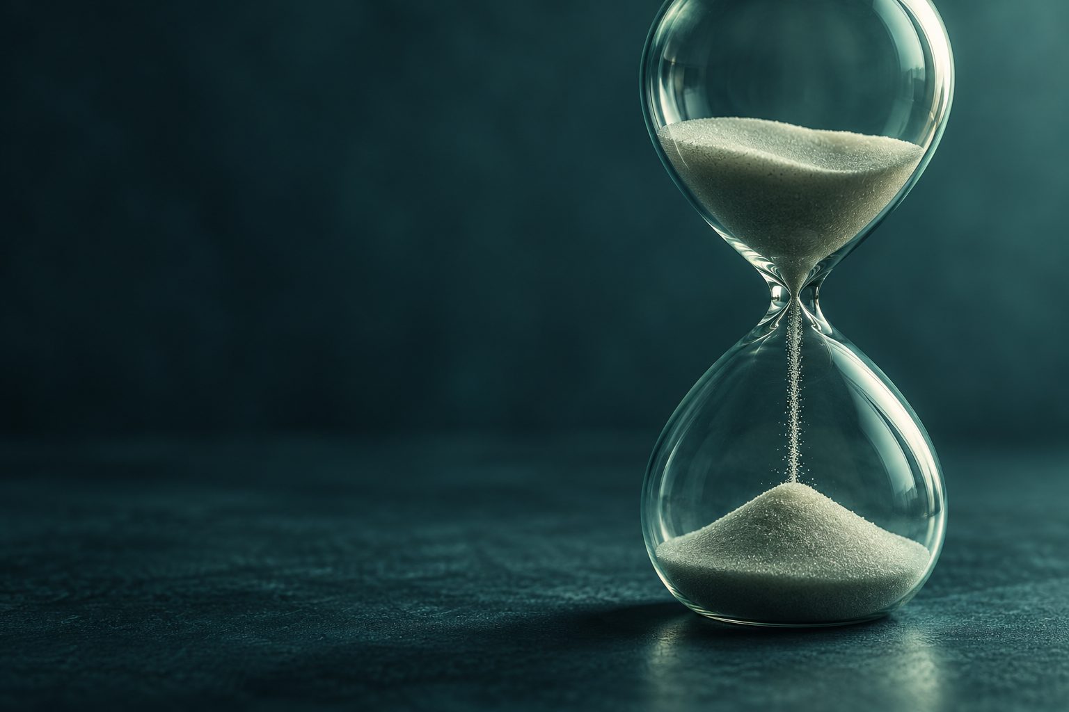 An hourglass on a dark teal surface, sand running through its narrow neck