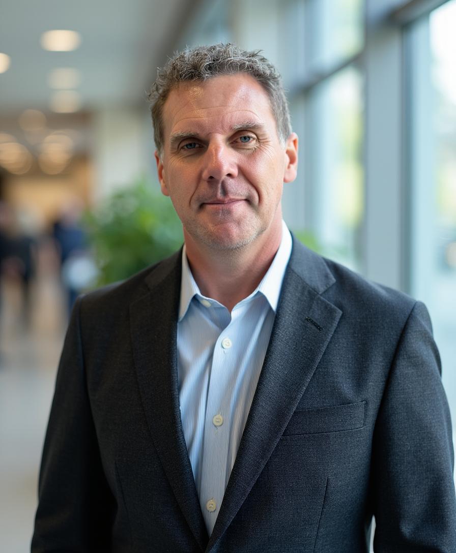 Mike Vanecek, Founder and CFO of GrowWise Systems, in a dark suit in an office corridor